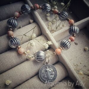 Spiritual Charm Bracelet | PINK  MOONSTONE  Beads + San Benito Medal